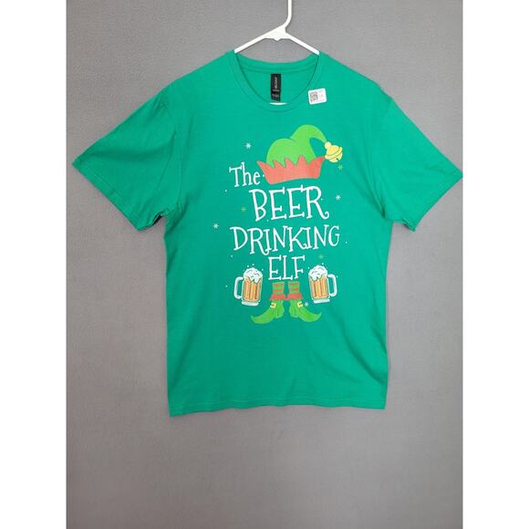 The Beer Drinker Elf Christmas T-Shirt Funny Tee Mens Size Medium - Picture 1 of 8